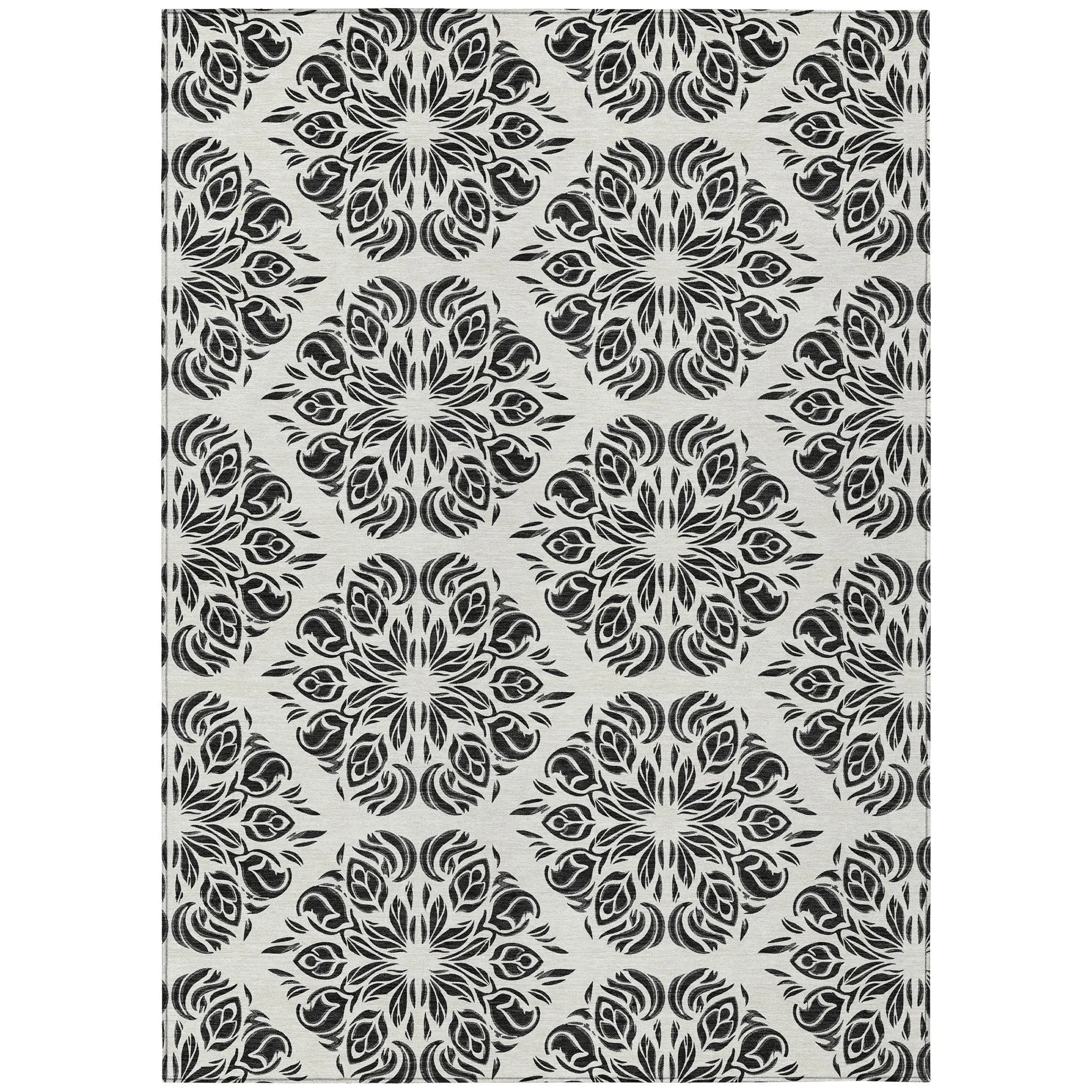 8' X 10' Ivory And Black Damask Washable Indoor Outdoor Area Rug Homeroots Outdoor