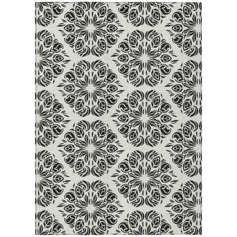 8' X 10' Ivory And Black Damask Washable Indoor Outdoor Area Rug Homeroots Outdoor