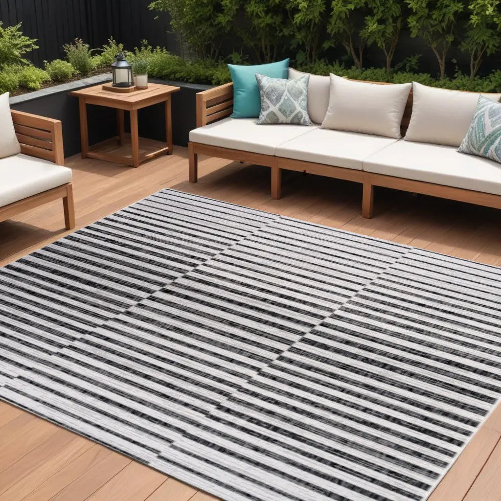 8' X 10' Ivory And Black Striped Indoor Outdoor Area Rug Homeroots Outdoor
