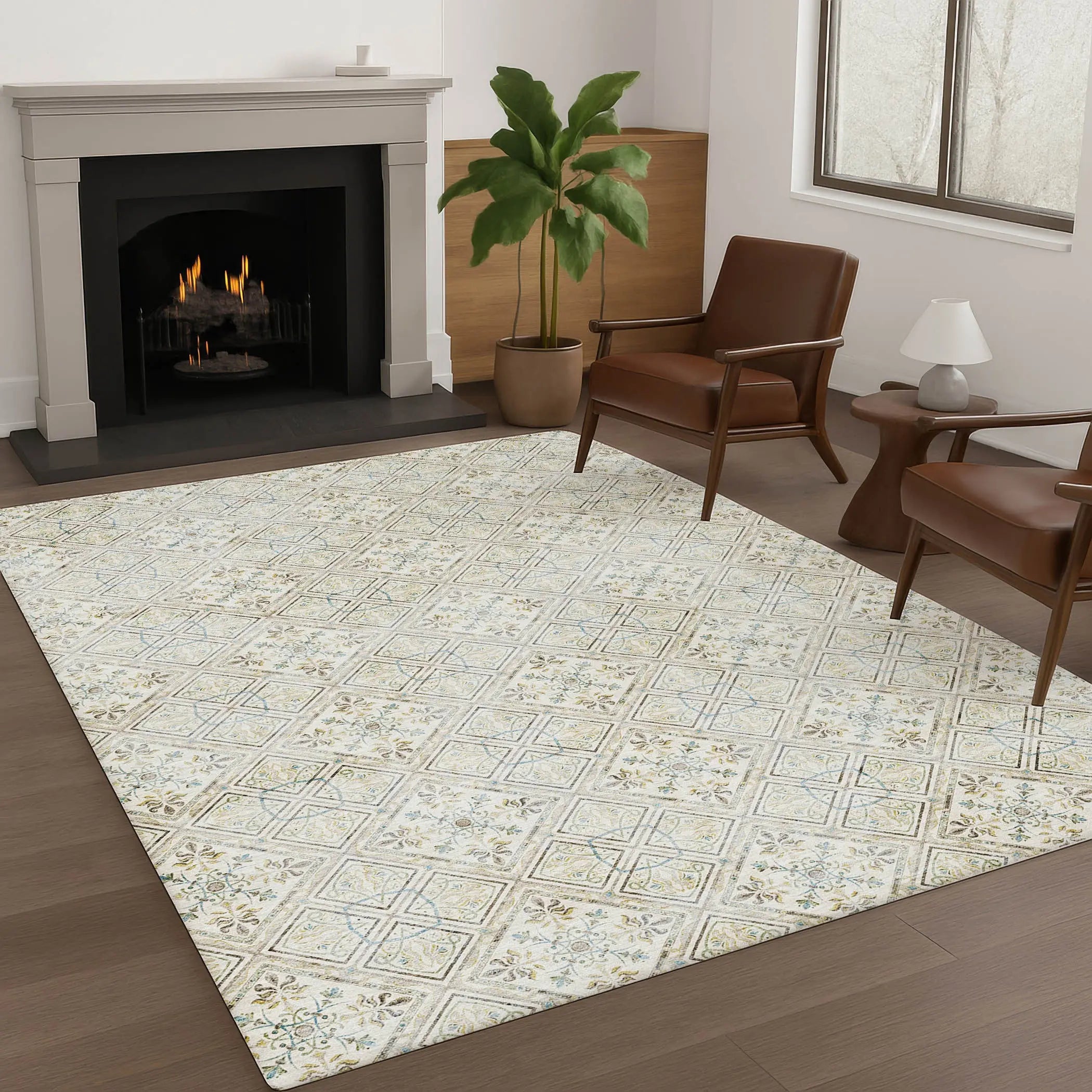8' X 10' Ivory And Blue Geometric Washable Indoor Outdoor Area Rug Homeroots Outdoor