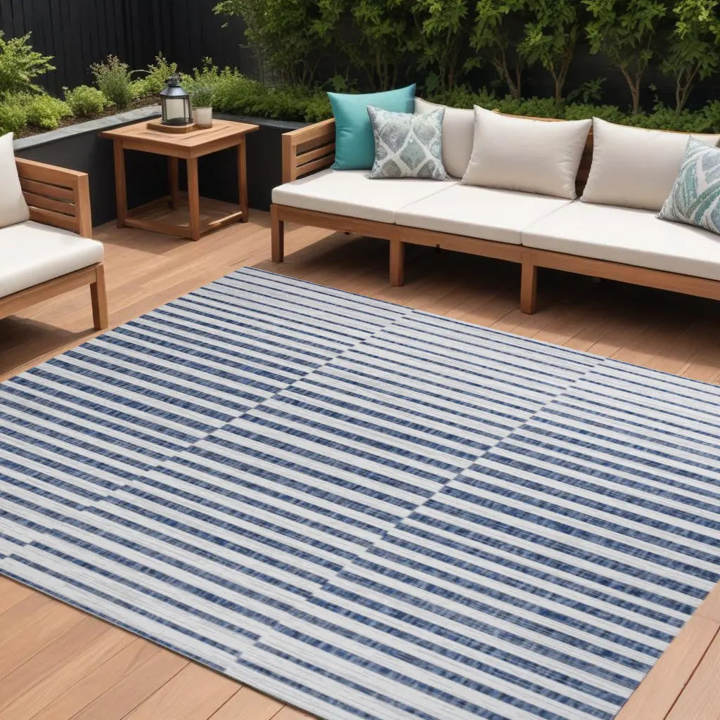 8' X 10' Ivory And Blue Striped Indoor Outdoor Area Rug Homeroots Outdoor