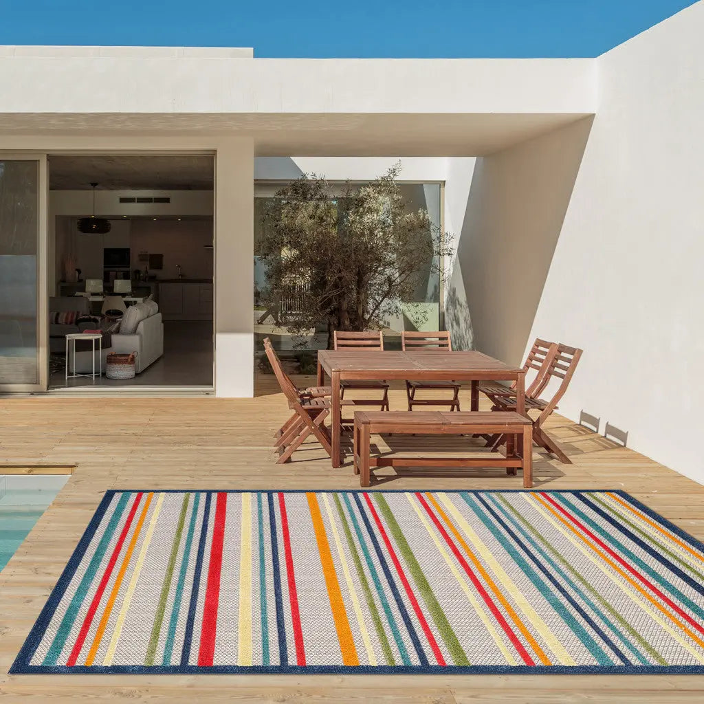 8' X 10' Ivory And Blue Striped Stain Resistant Indoor Outdoor Area Rug Homeroots Outdoor