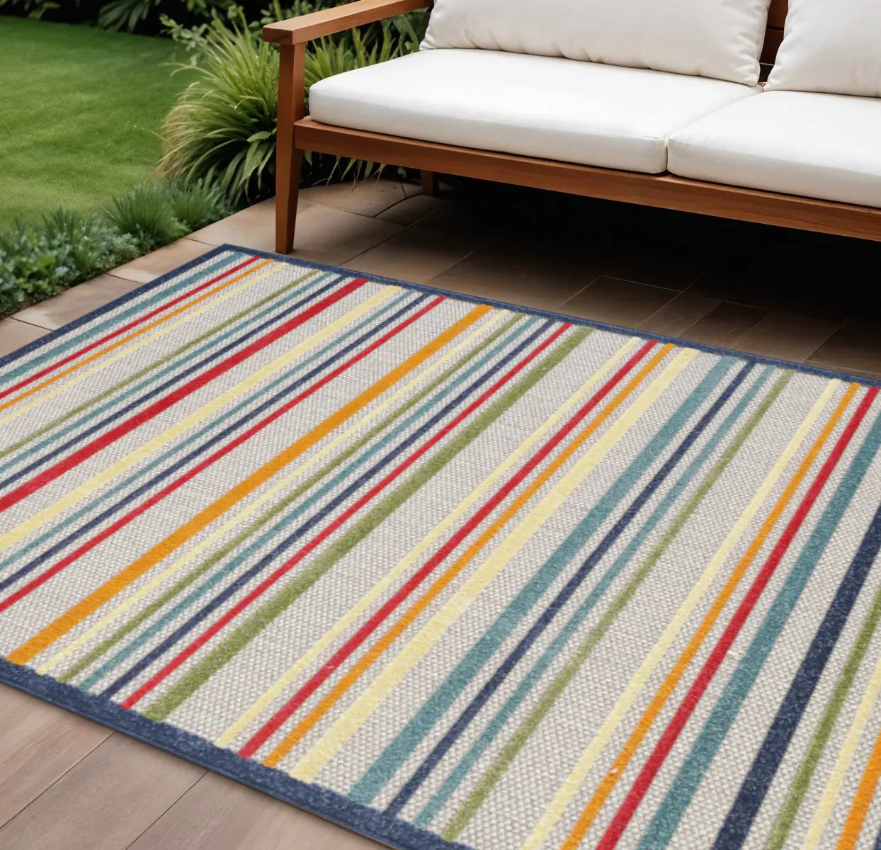 8' X 10' Ivory And Blue Striped Stain Resistant Indoor Outdoor Area Rug Homeroots Outdoor