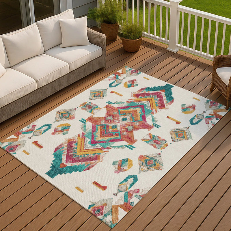 8' X 10' Ivory And Coral Tribal Washable Indoor Outdoor Area Rug Homeroots Outdoor