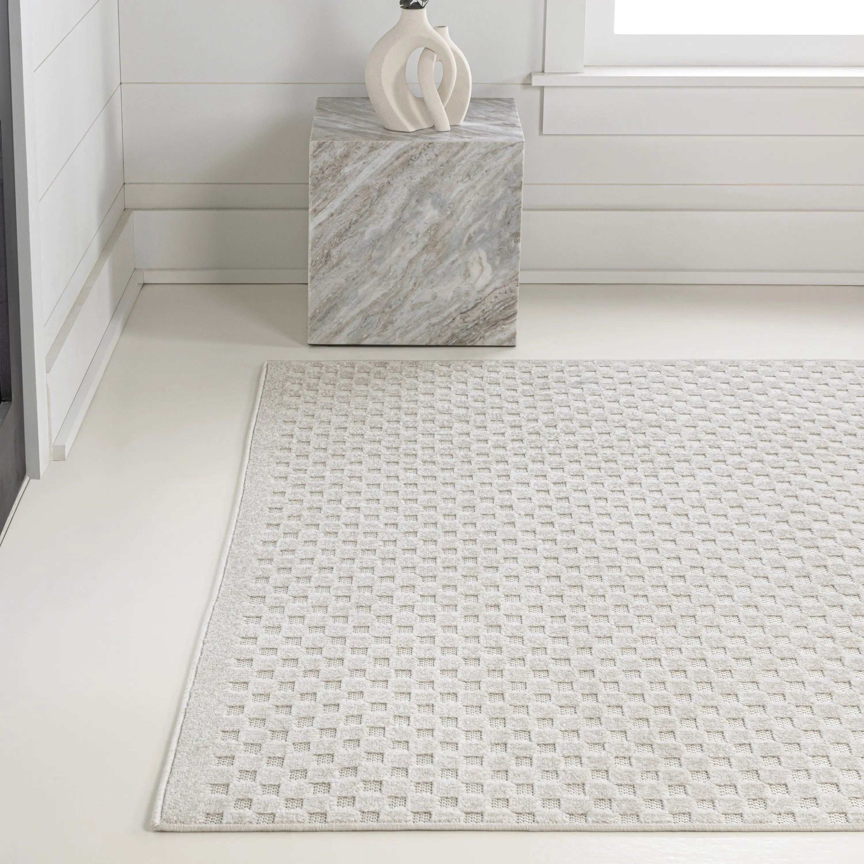 8' X 10' Ivory And Cream Plaid Indoor Outdoor Area Rug Homeroots Outdoor