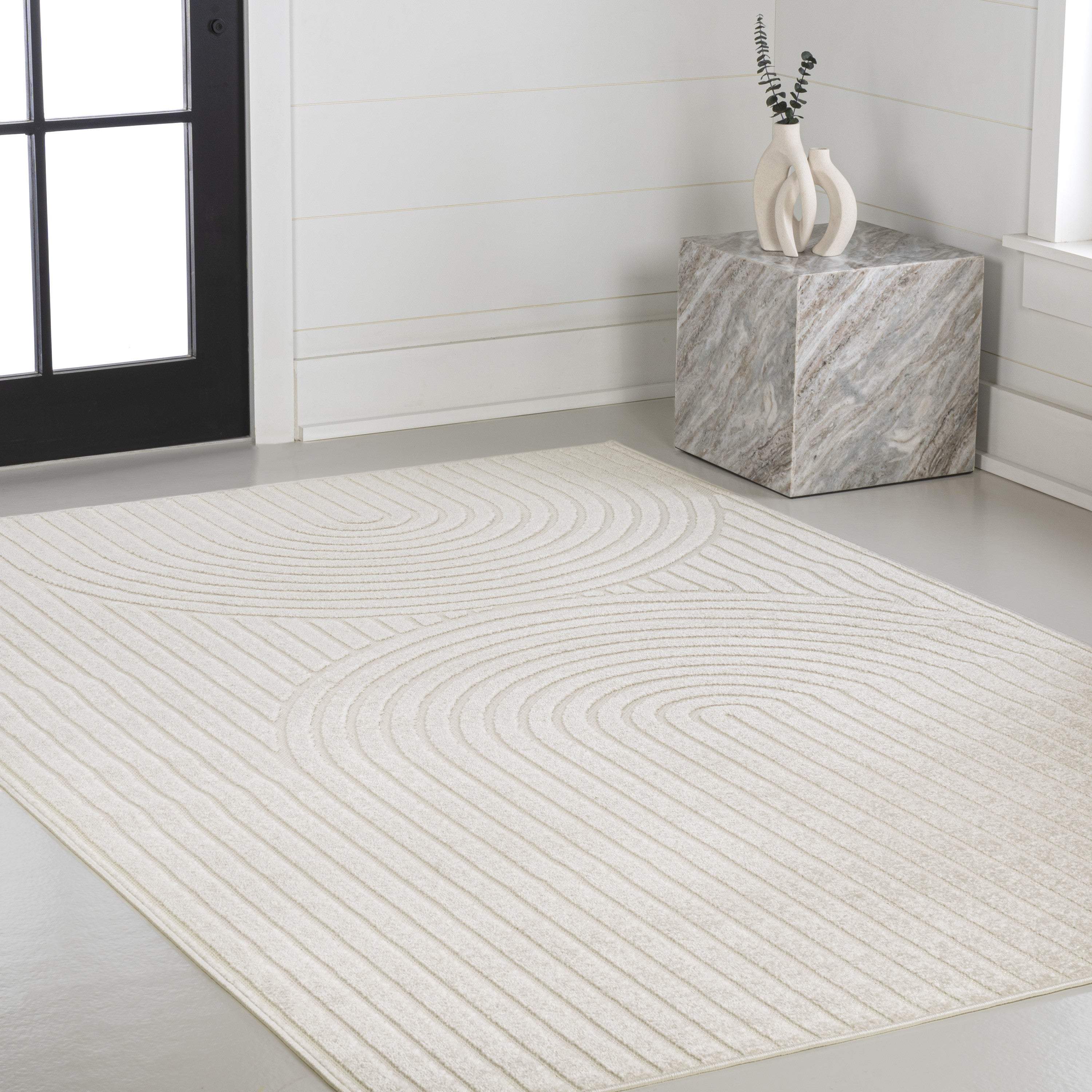 8' X 10' Ivory And Cream Striped Indoor Outdoor Area Rug - GreatEagleInc