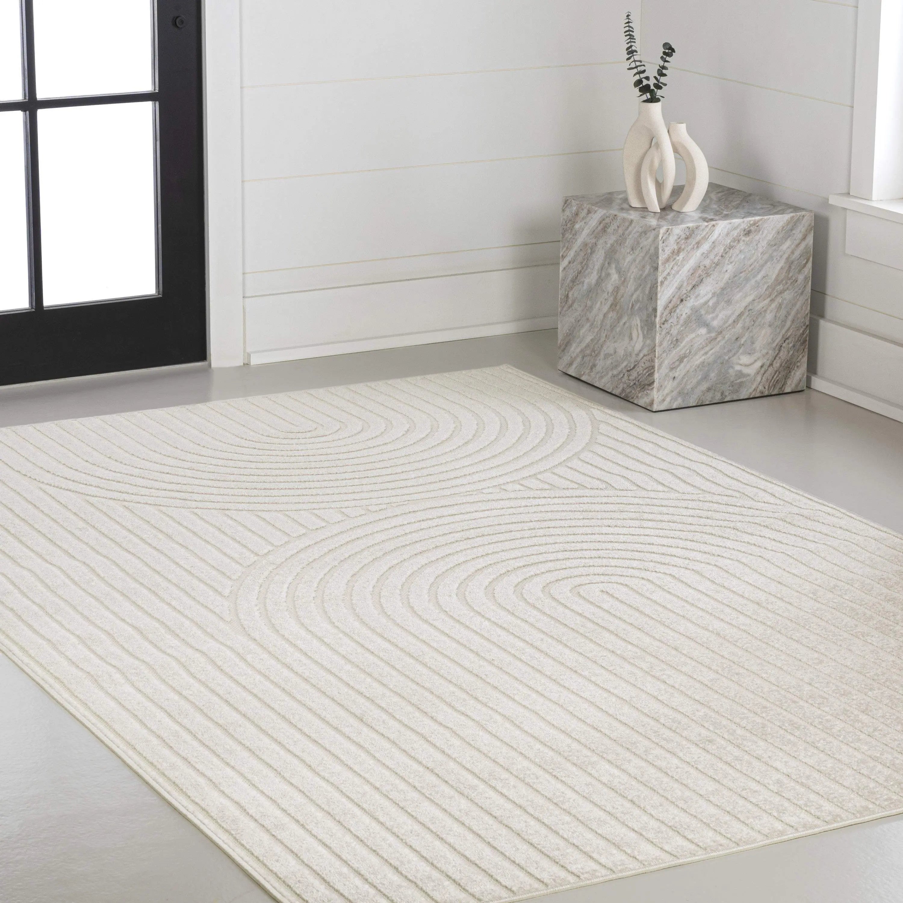 8' X 10' Ivory And Cream Striped Indoor Outdoor Area Rug - GreatEagleInc