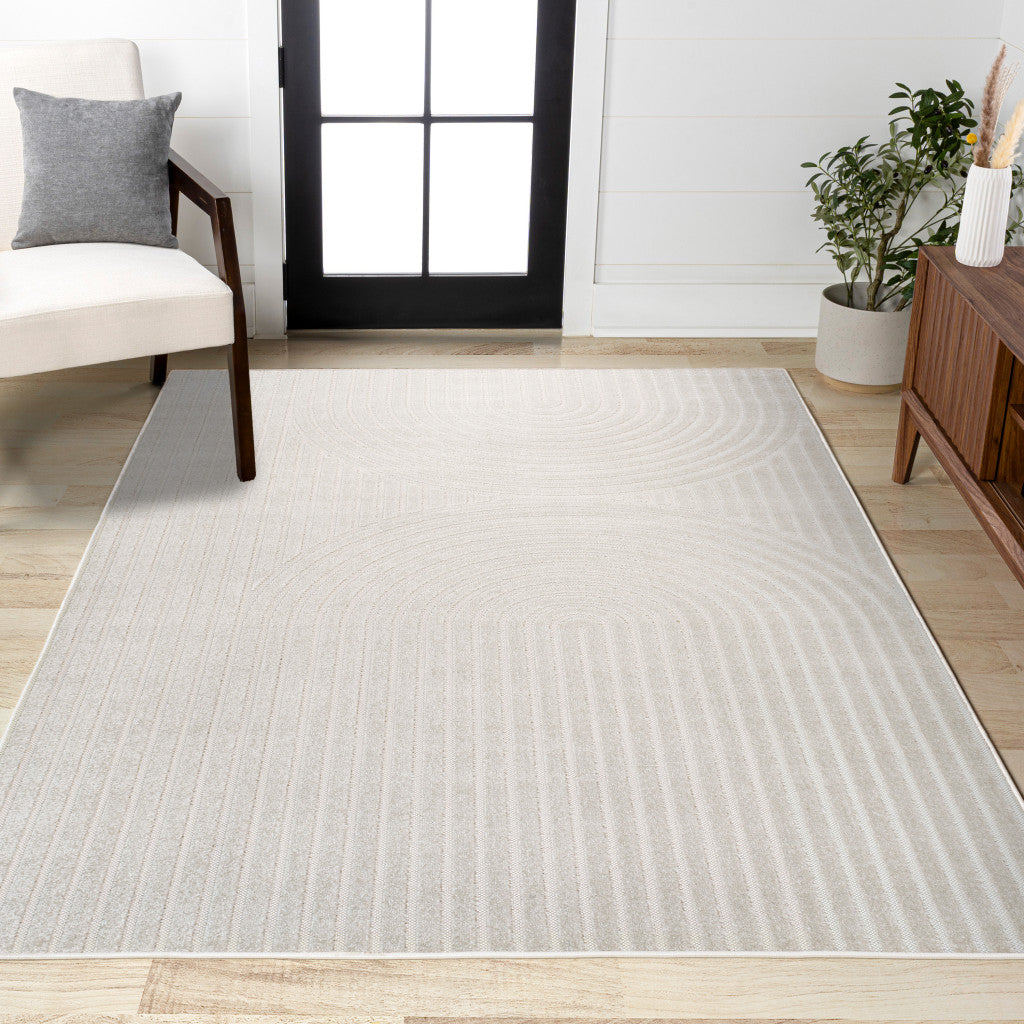8' X 10' Ivory And Cream Striped Indoor Outdoor Area Rug - GreatEagleInc