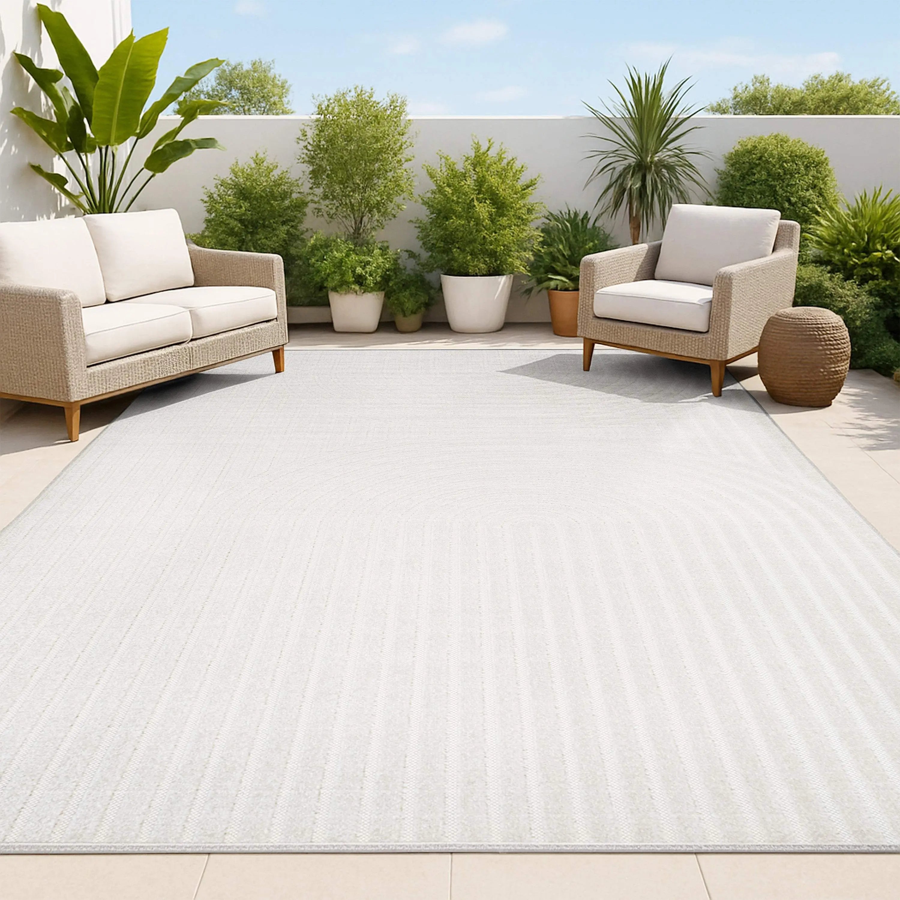 8' X 10' Ivory And Cream Striped Indoor Outdoor Area Rug - GreatEagleInc