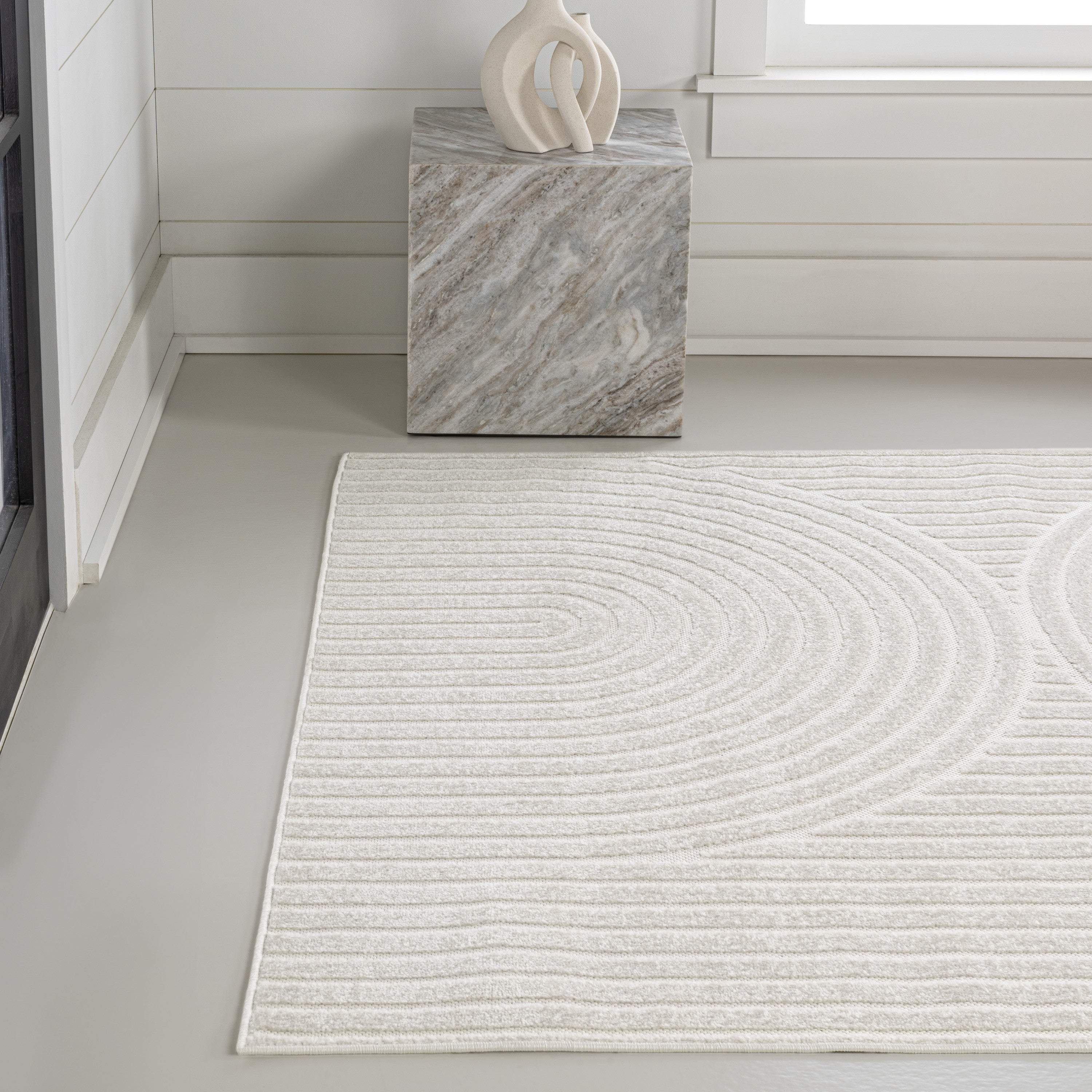 8' X 10' Ivory And Cream Striped Indoor Outdoor Area Rug - GreatEagleInc