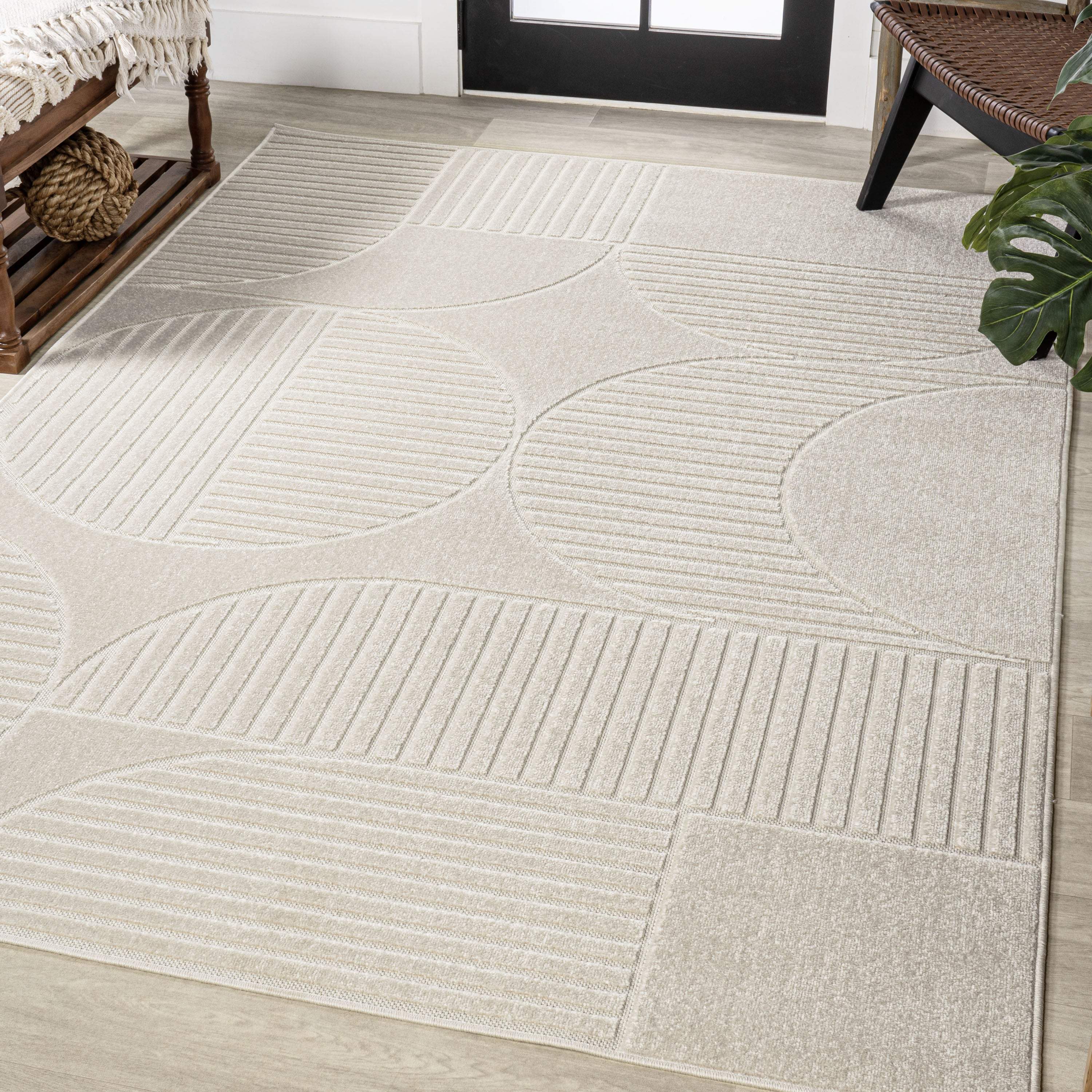 8' X 10' Ivory And Cream Striped Indoor Outdoor Area Rug - GreatEagleInc