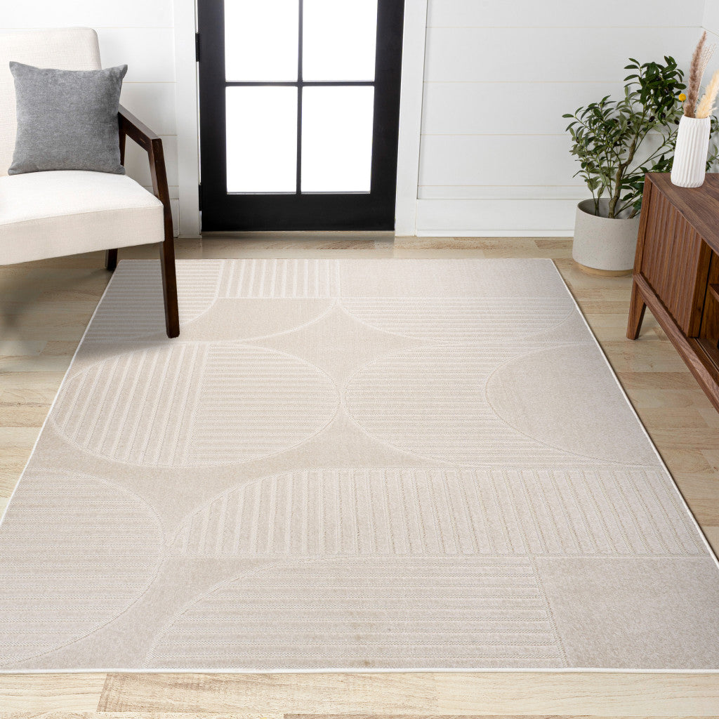 8' X 10' Ivory And Cream Striped Indoor Outdoor Area Rug - GreatEagleInc