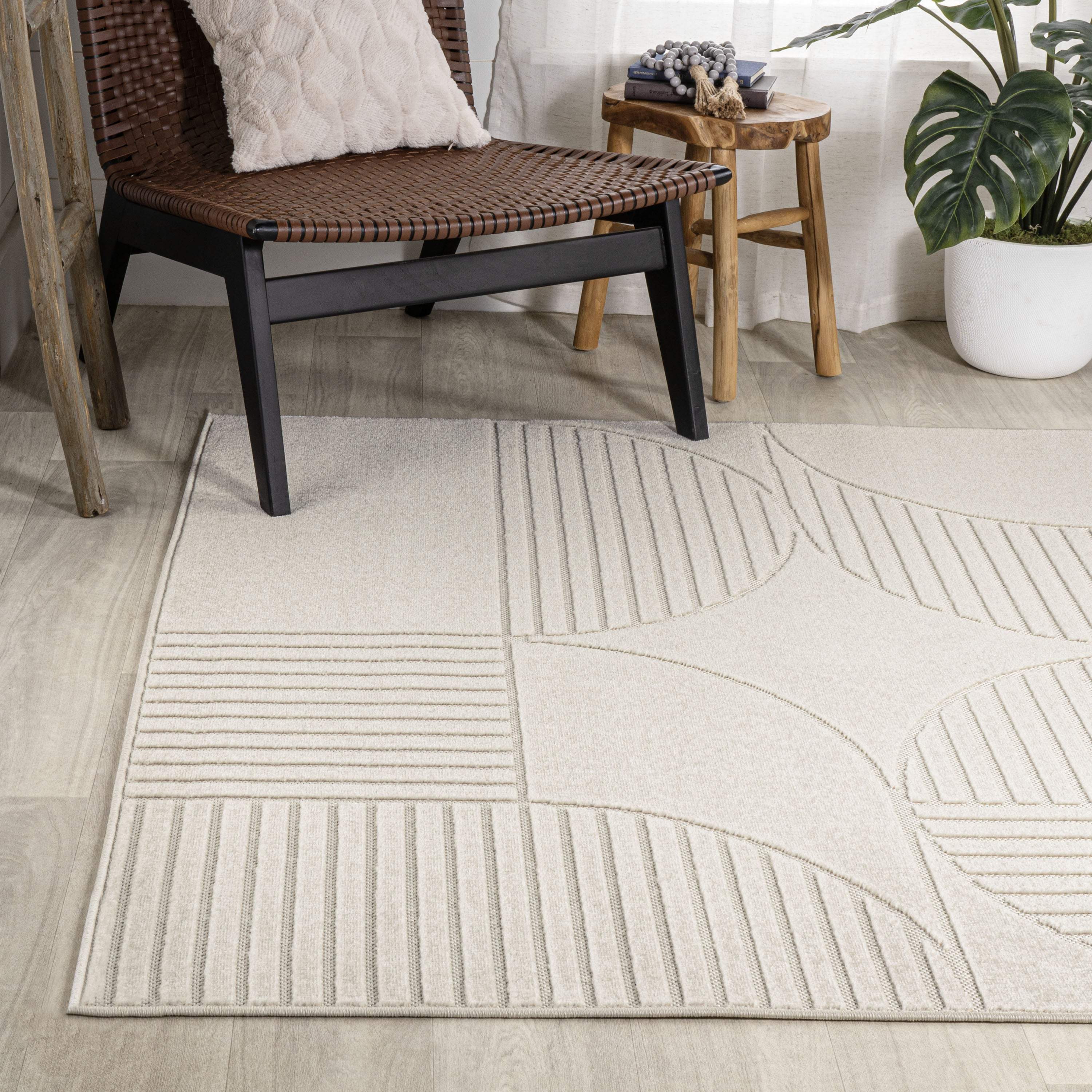 8' X 10' Ivory And Cream Striped Indoor Outdoor Area Rug - GreatEagleInc