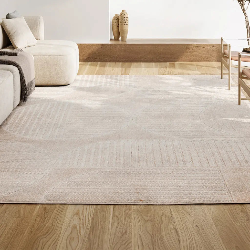 8' X 10' Ivory And Cream Striped Indoor Outdoor Area Rug - GreatEagleInc