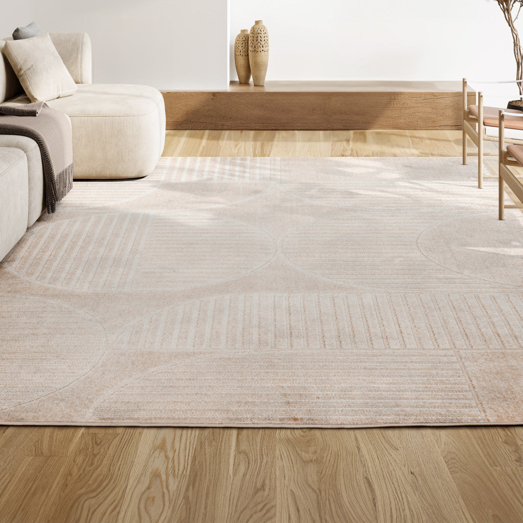 8' X 10' Ivory And Cream Striped Indoor Outdoor Area Rug - GreatEagleInc