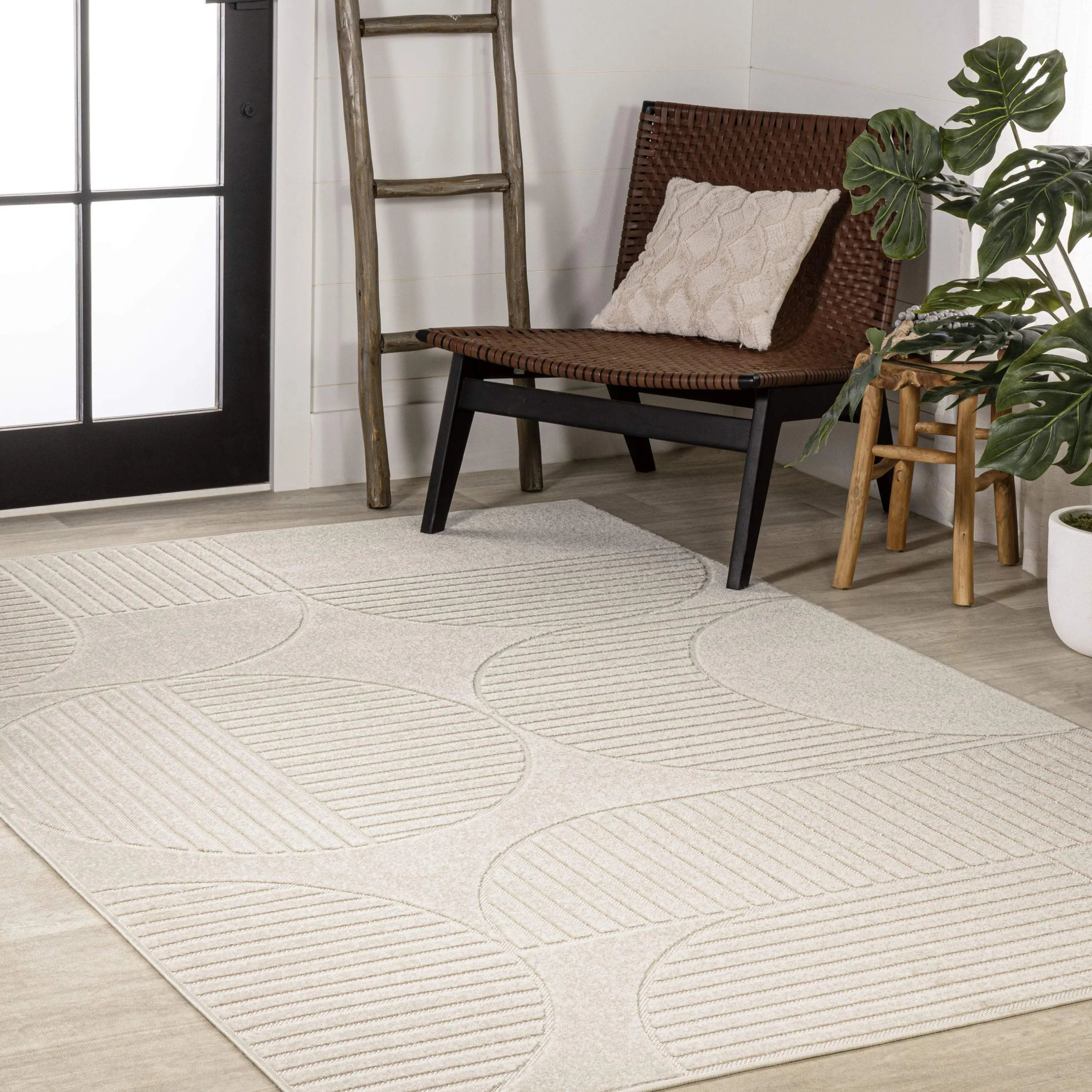 8' X 10' Ivory And Cream Striped Indoor Outdoor Area Rug - GreatEagleInc