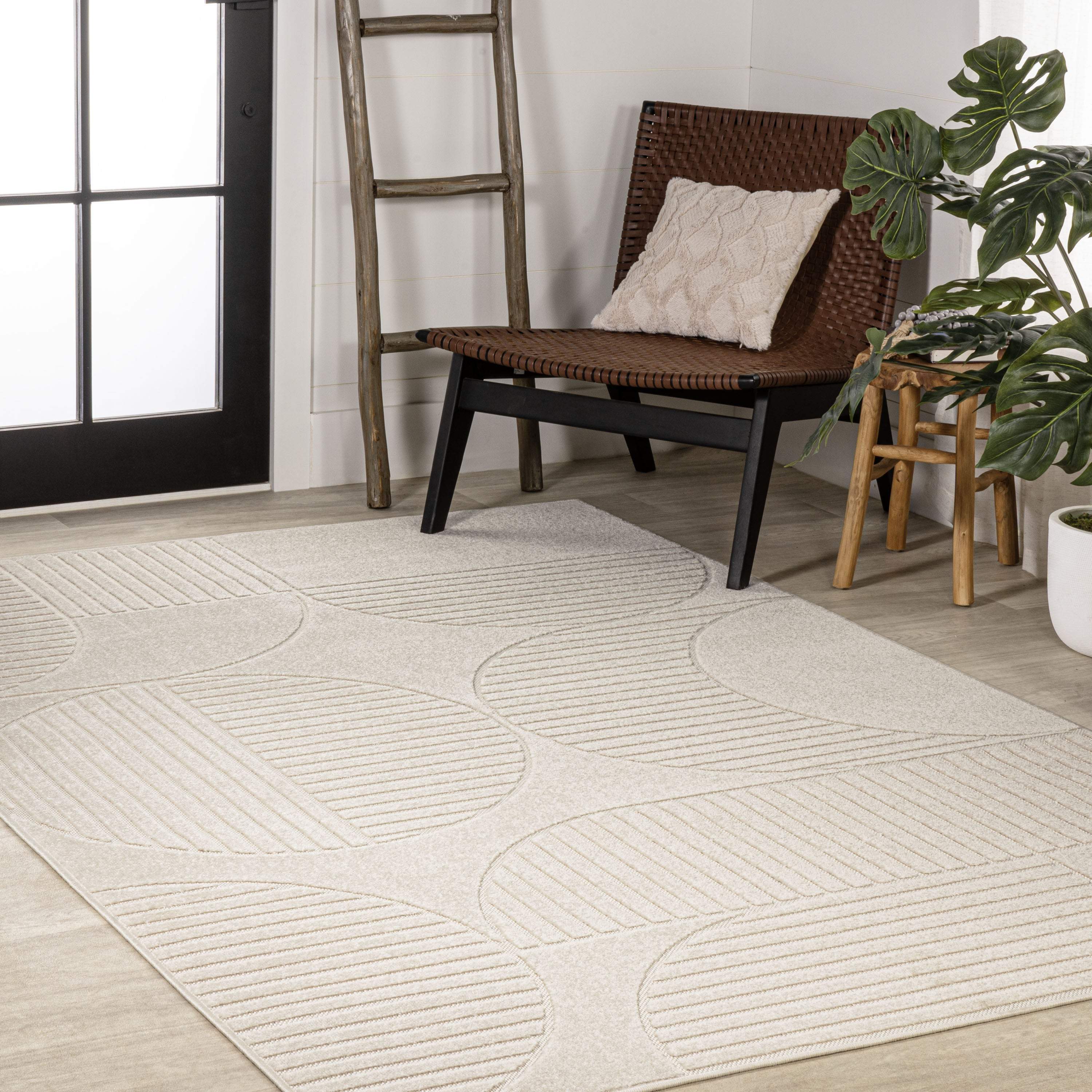 8' X 10' Ivory And Cream Striped Indoor Outdoor Area Rug - GreatEagleInc