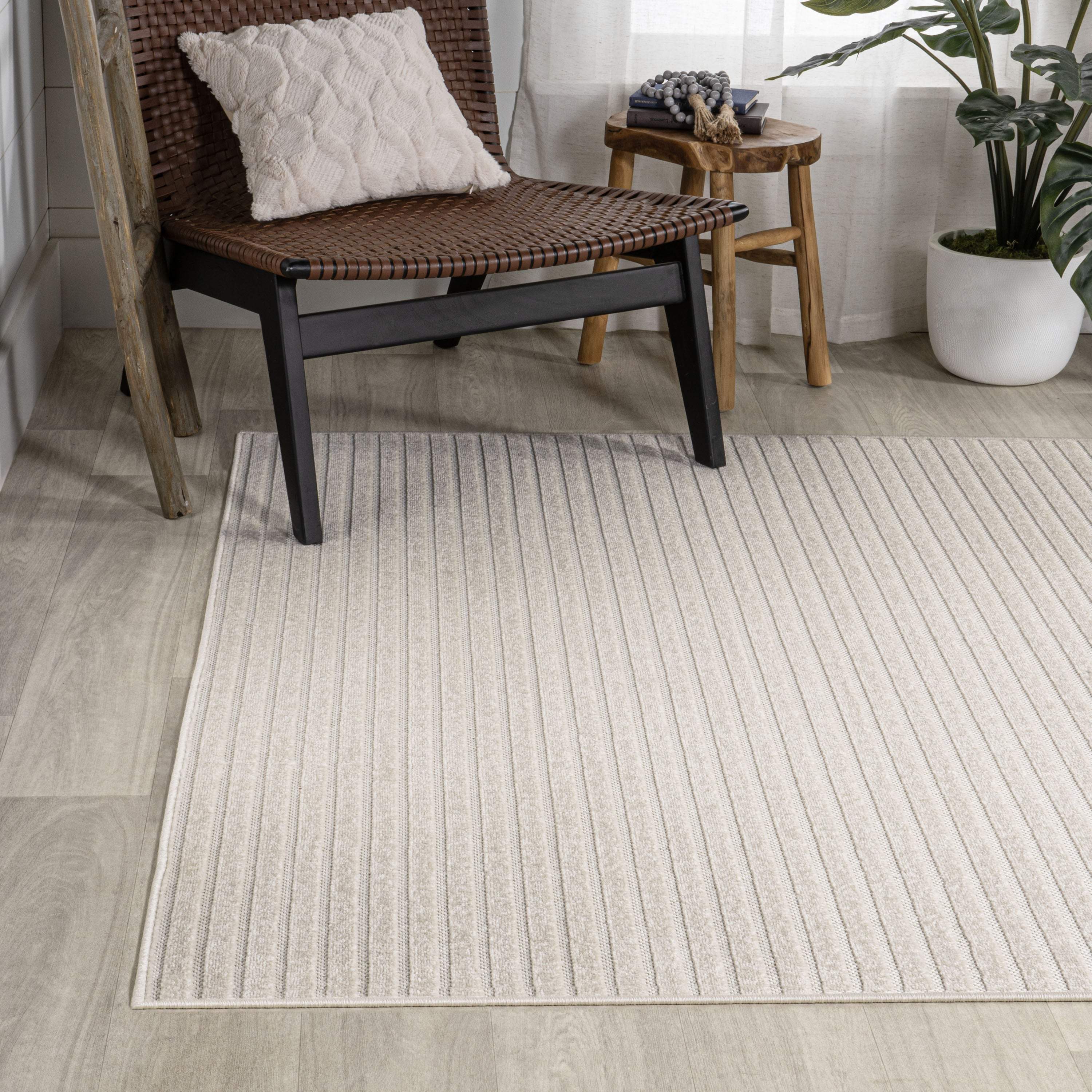 8' X 10' Ivory And Cream Striped Indoor Outdoor Area Rug - GreatEagleInc