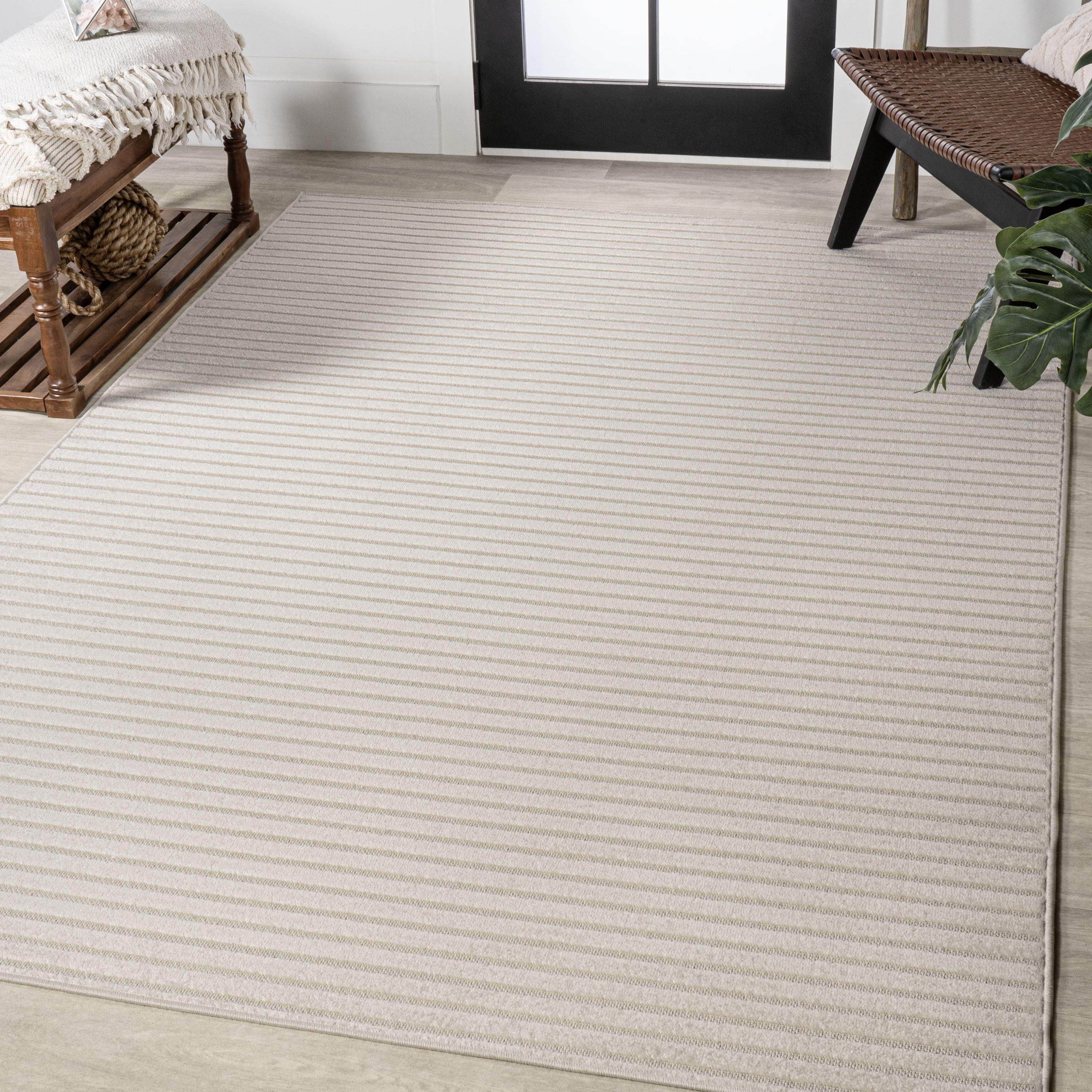 8' X 10' Ivory And Cream Striped Indoor Outdoor Area Rug - GreatEagleInc