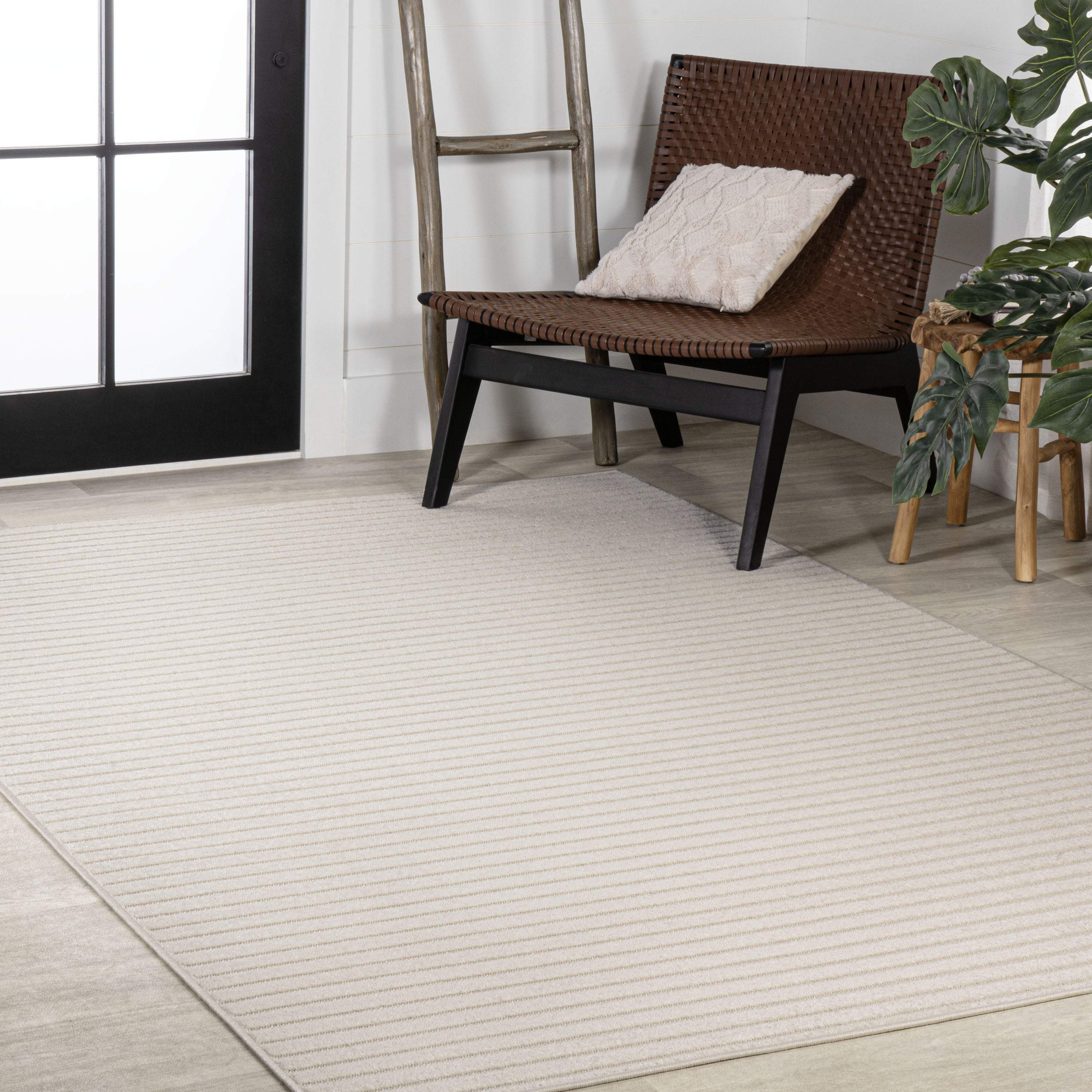 8' X 10' Ivory And Cream Striped Indoor Outdoor Area Rug - GreatEagleInc