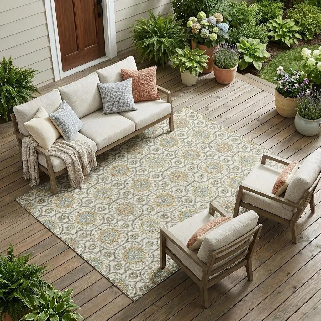8' X 10' Ivory And Gold Floral Medallion Washable Indoor Outdoor Area Rug Homeroots Outdoor