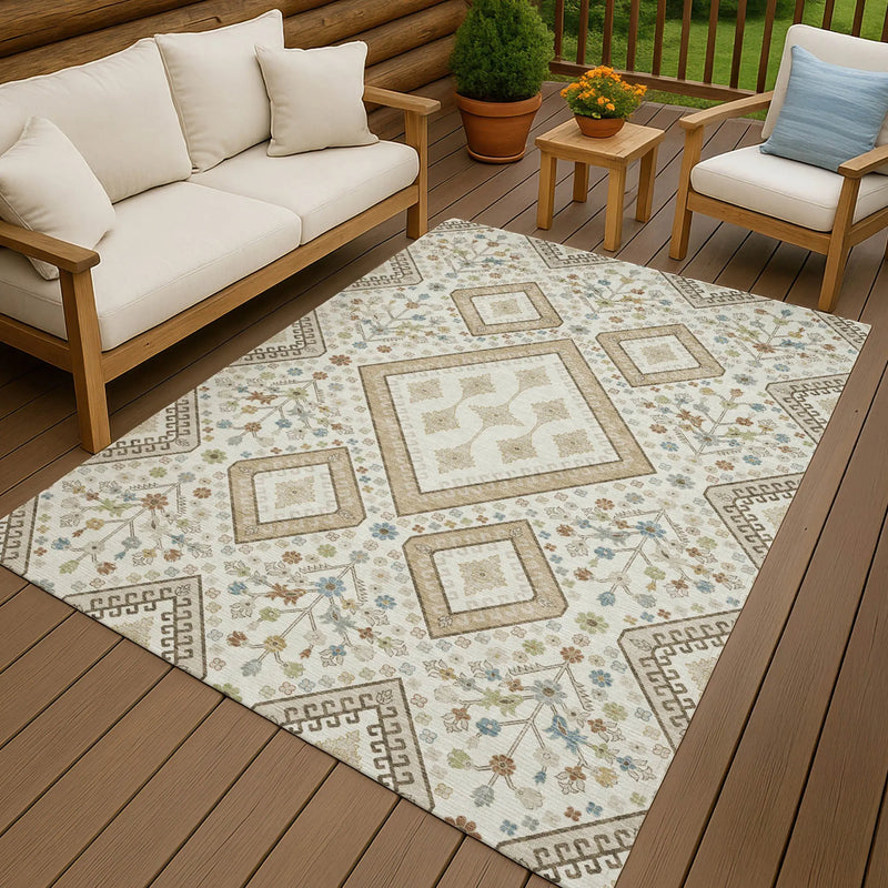 8' X 10' Ivory And Gold Medallion Washable Indoor Outdoor Area Rug Homeroots Outdoor