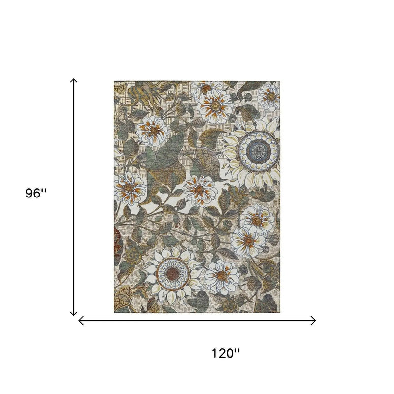 8' X 10' Ivory And Gray Floral Washable Indoor Outdoor Area Rug Homeroots Outdoor