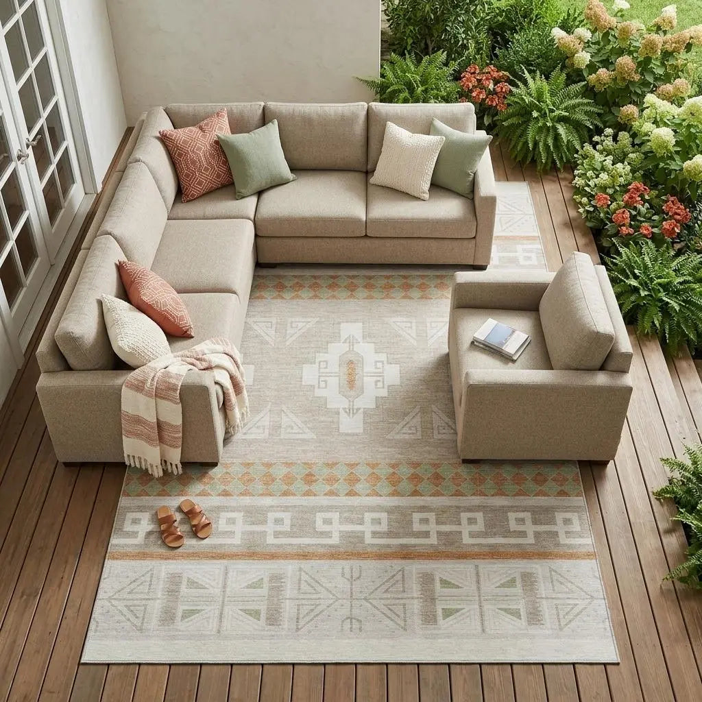 8' X 10' Ivory And Green Tribal Washable Indoor Outdoor Area Rug Homeroots Outdoor