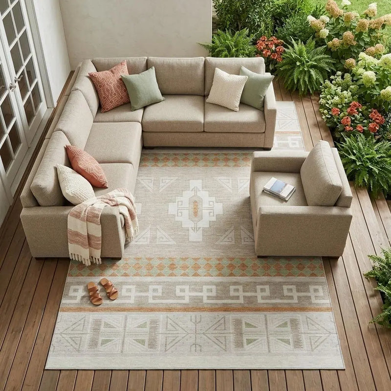 8' X 10' Ivory And Green Tribal Washable Indoor Outdoor Area Rug Homeroots Outdoor