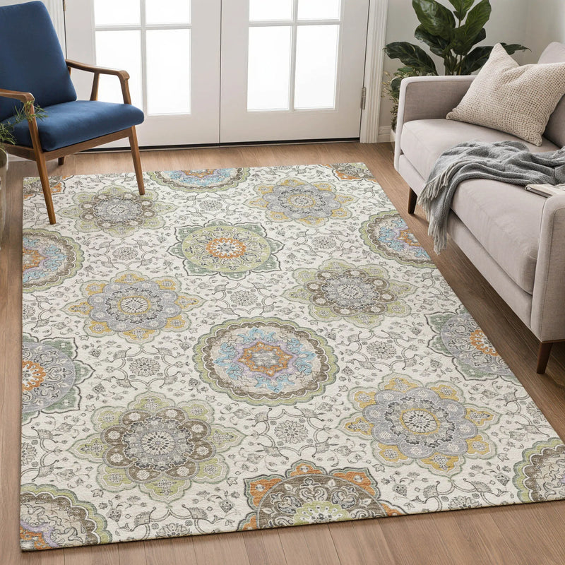 8' X 10' Ivory And Khaki Floral Medallion Washable Indoor Outdoor Area Rug Homeroots Outdoor