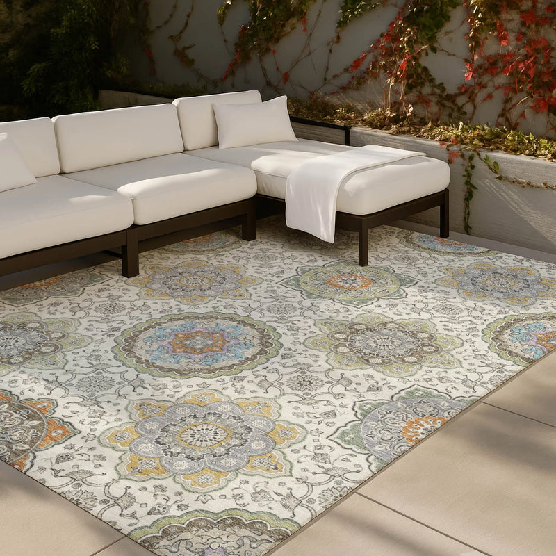 8' X 10' Ivory And Khaki Floral Medallion Washable Indoor Outdoor Area Rug Homeroots Outdoor