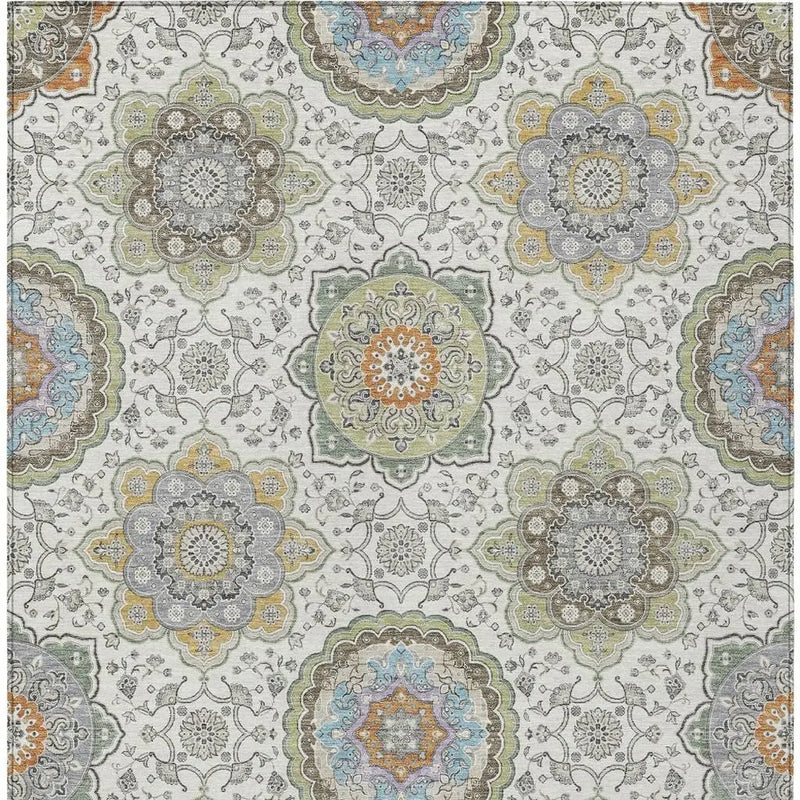 8' X 10' Ivory And Khaki Floral Medallion Washable Indoor Outdoor Area Rug Homeroots Outdoor