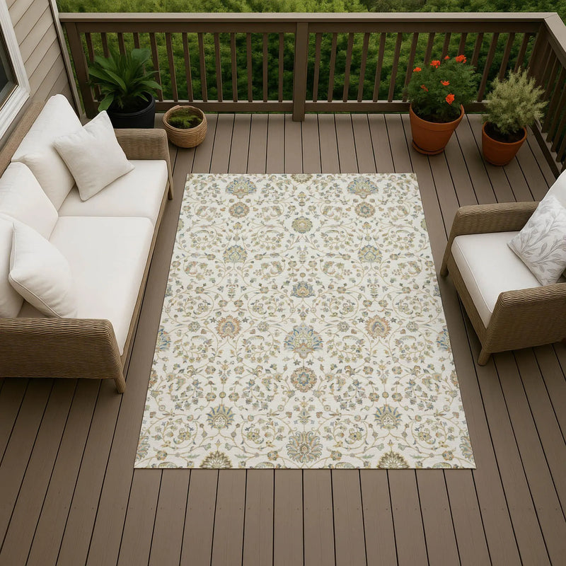 8' X 10' Ivory And Khaki Floral Washable Indoor Outdoor Area Rug Homeroots Outdoor