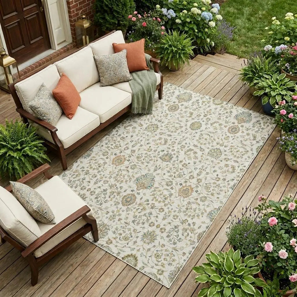 8' X 10' Ivory And Khaki Floral Washable Indoor Outdoor Area Rug Homeroots Outdoor
