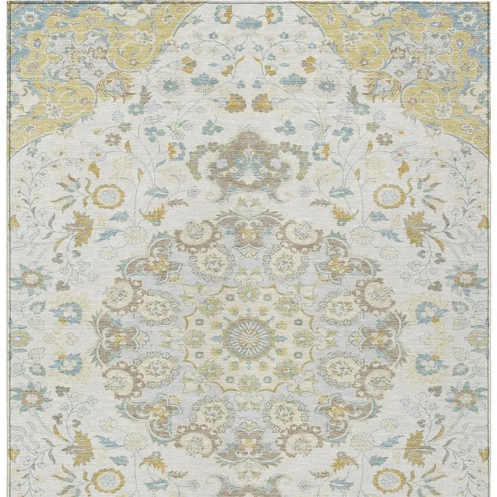 8' X 10' Ivory And Linen Damask Washable Indoor Outdoor Area Rug Homeroots Outdoor
