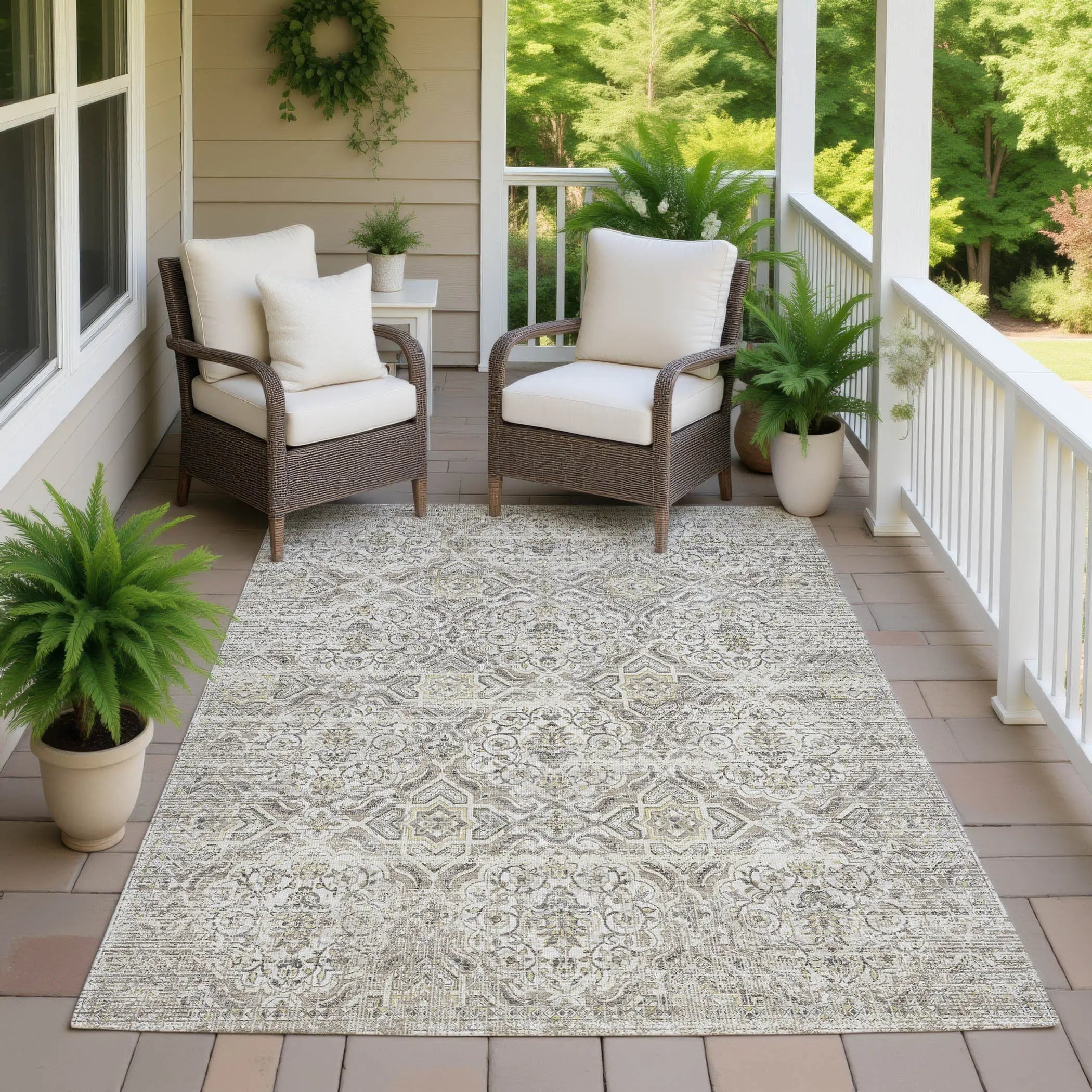 8' X 10' Ivory And Linen Floral Washable Indoor Outdoor Area Rug Homeroots Outdoor