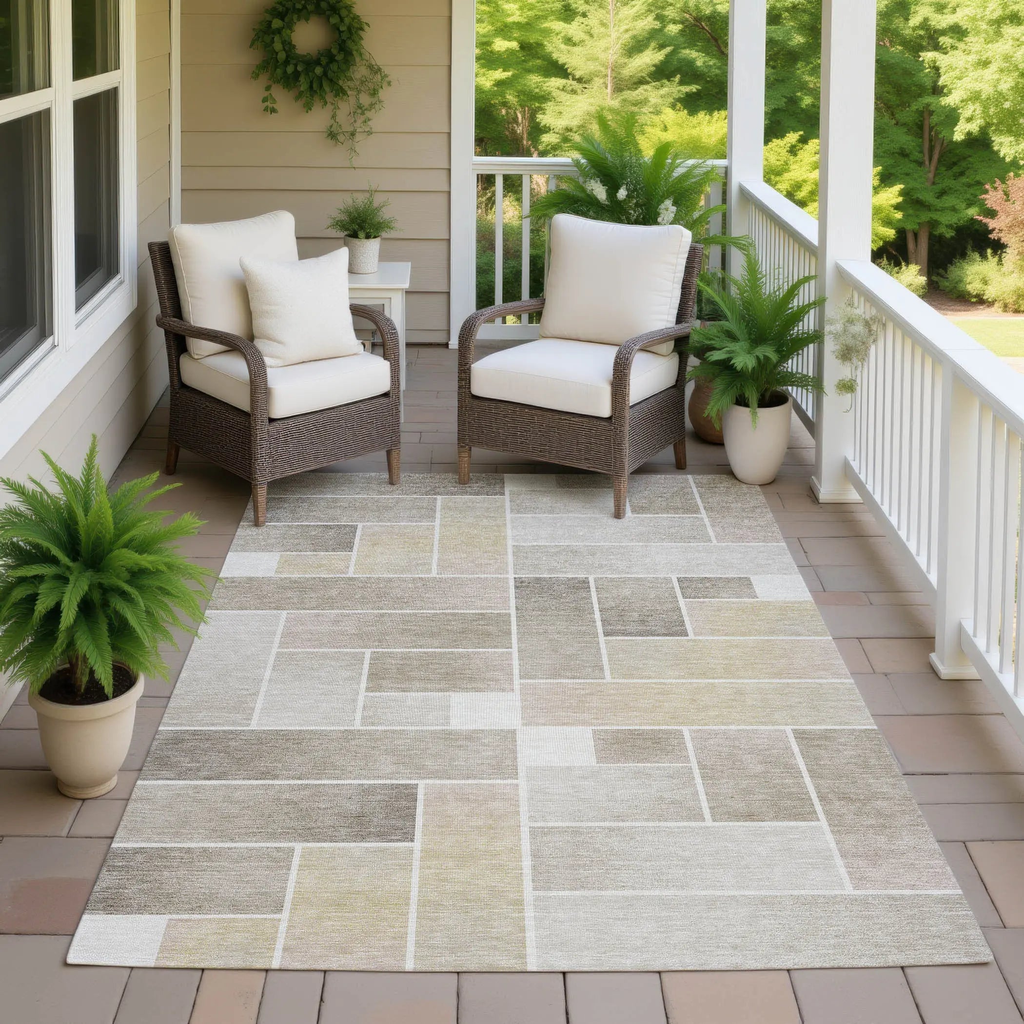 8' X 10' Ivory And Linen Geometric Washable Indoor Outdoor Area Rug Homeroots Outdoor