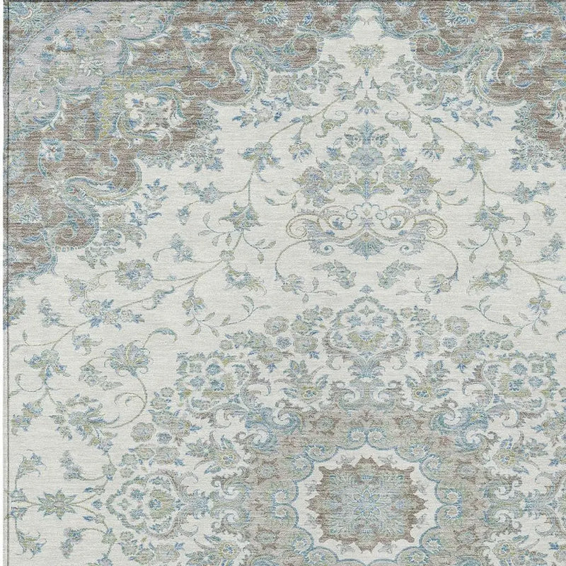 8' X 10' Ivory And Silver Floral Medallion Washable Indoor Outdoor Area Rug Homeroots Outdoor