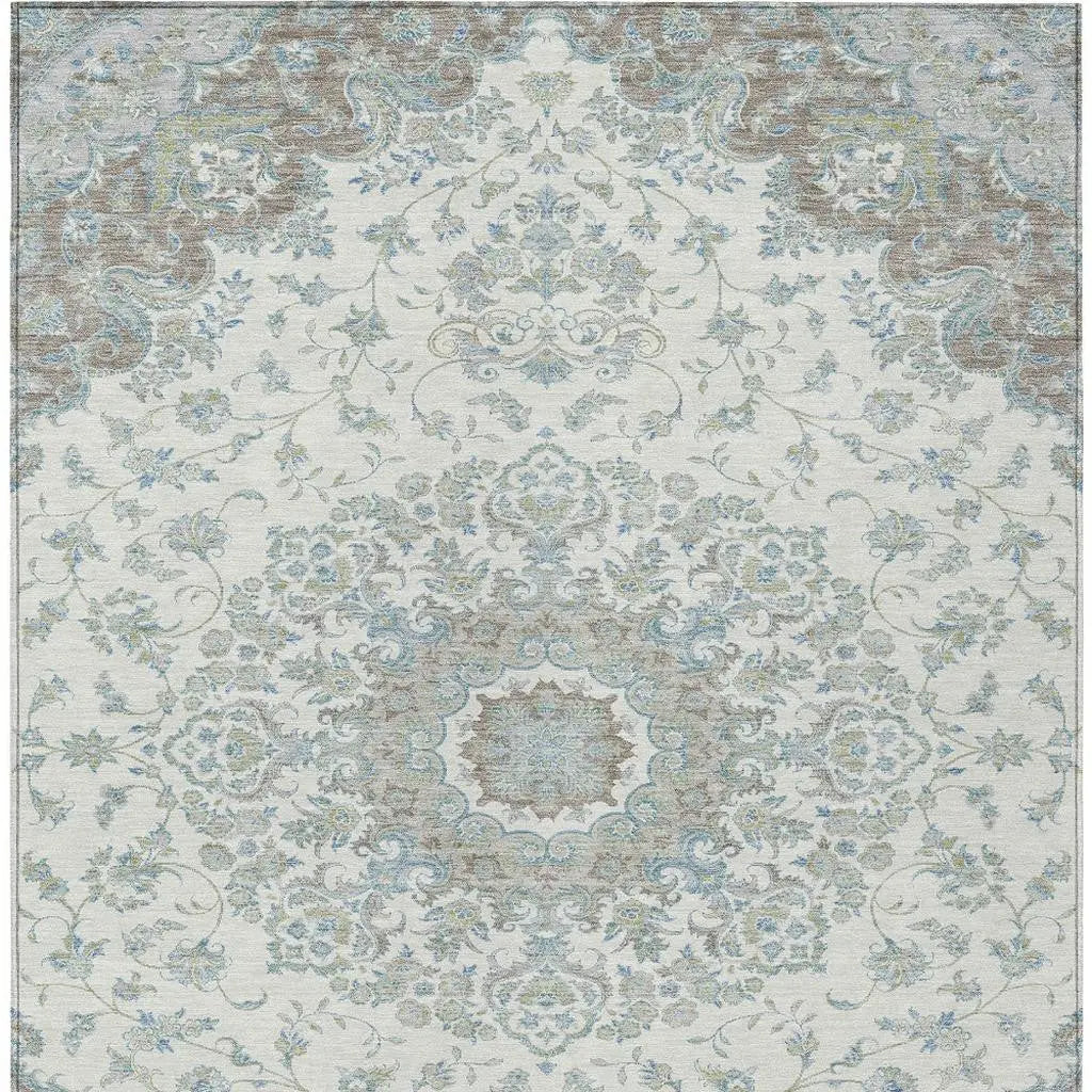 8' X 10' Ivory And Silver Floral Medallion Washable Indoor Outdoor Area Rug Homeroots Outdoor