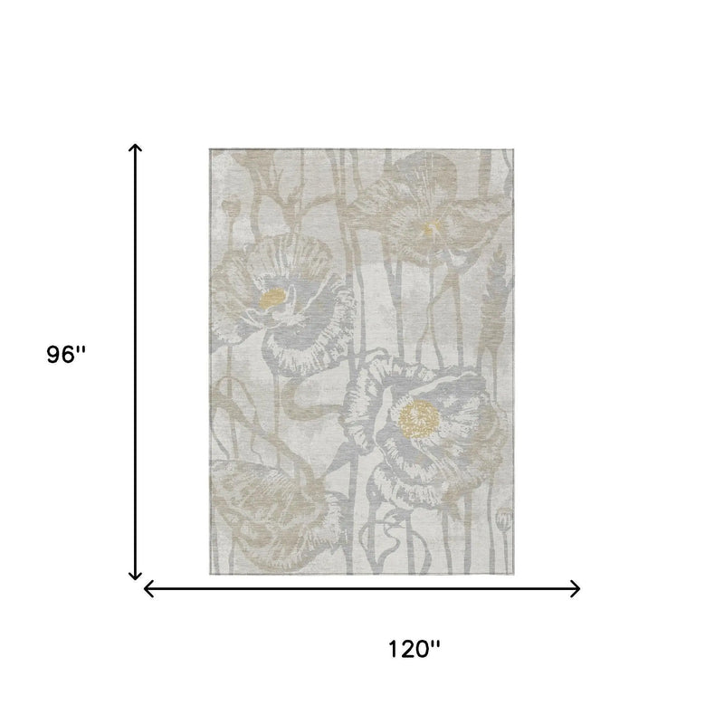 8' X 10' Ivory And Silver Floral Washable Indoor Outdoor Area Rug Homeroots Outdoor