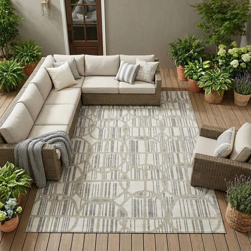 8' X 10' Ivory And Silver Geometric Washable Indoor Outdoor Area Rug Homeroots Outdoor