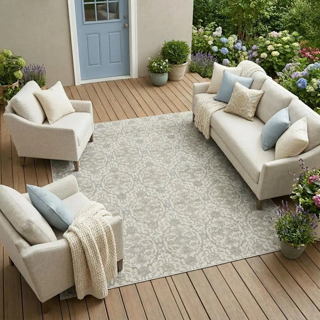 8' X 10' Ivory And Silver Oriental Washable Indoor Outdoor Area Rug Homeroots Outdoor