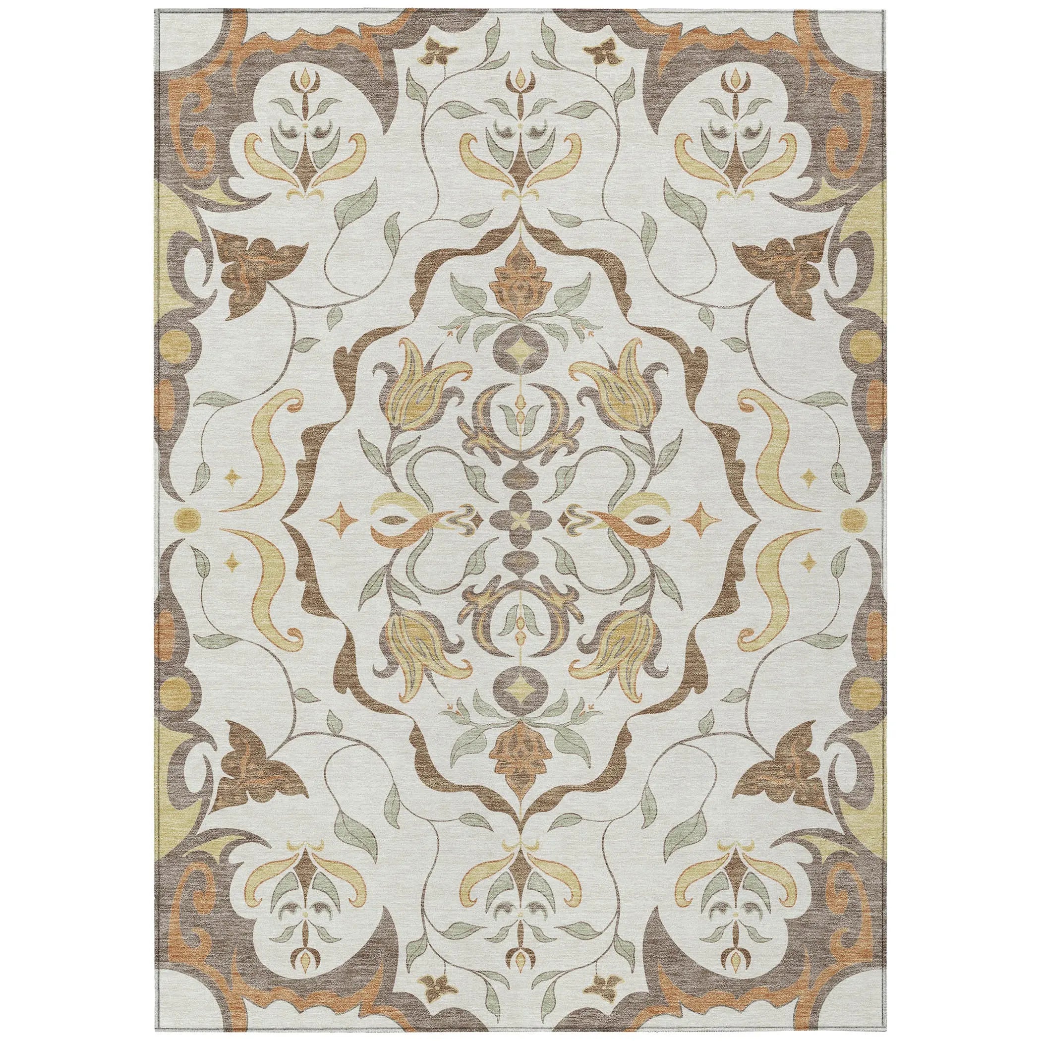 8' X 10' Ivory And Taupe Damask Washable Indoor Outdoor Area Rug Homeroots Outdoor