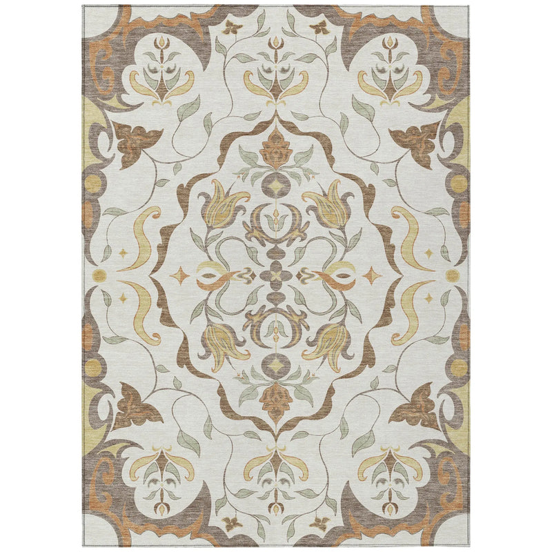8' X 10' Ivory And Taupe Damask Washable Indoor Outdoor Area Rug Homeroots Outdoor