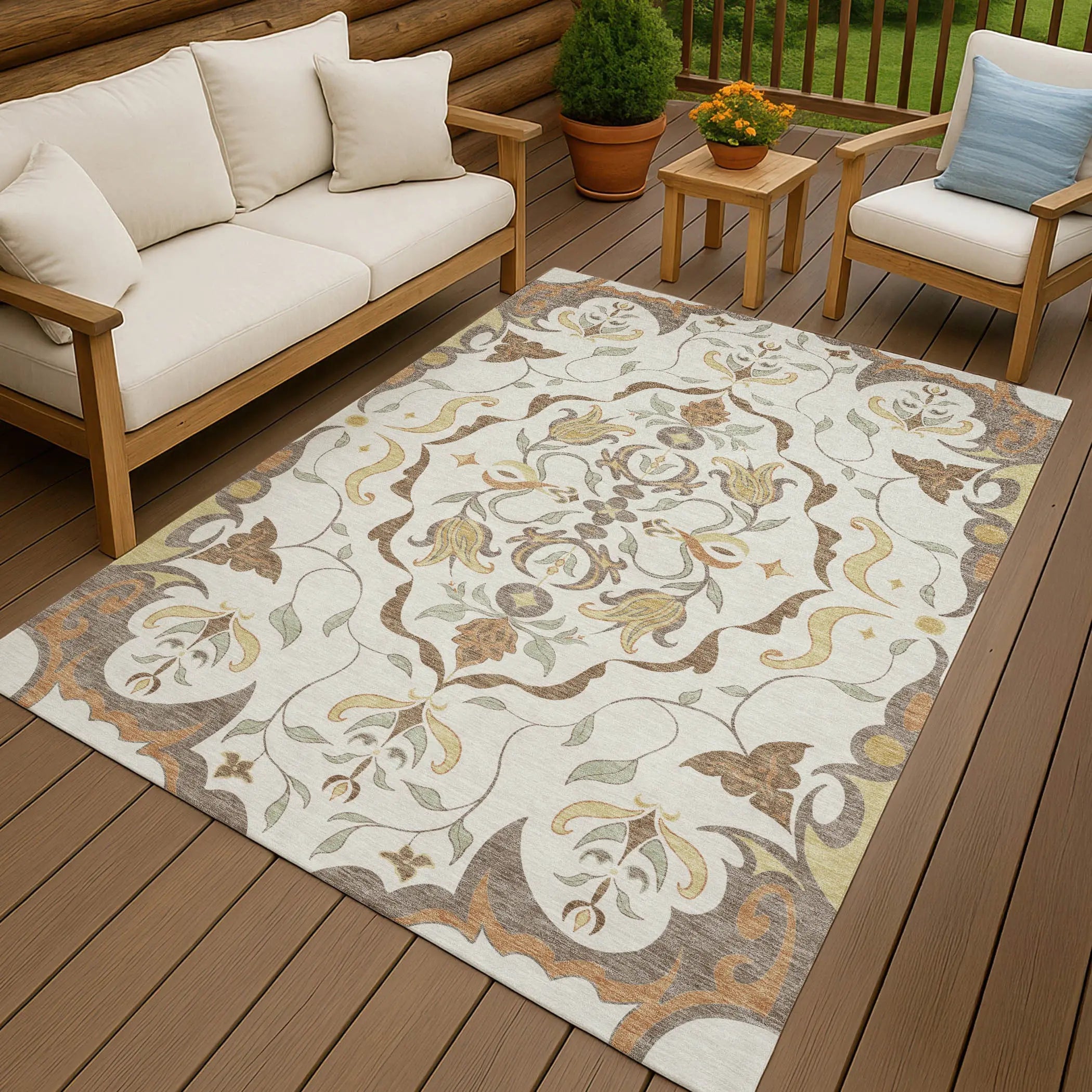 8' X 10' Ivory And Taupe Damask Washable Indoor Outdoor Area Rug Homeroots Outdoor