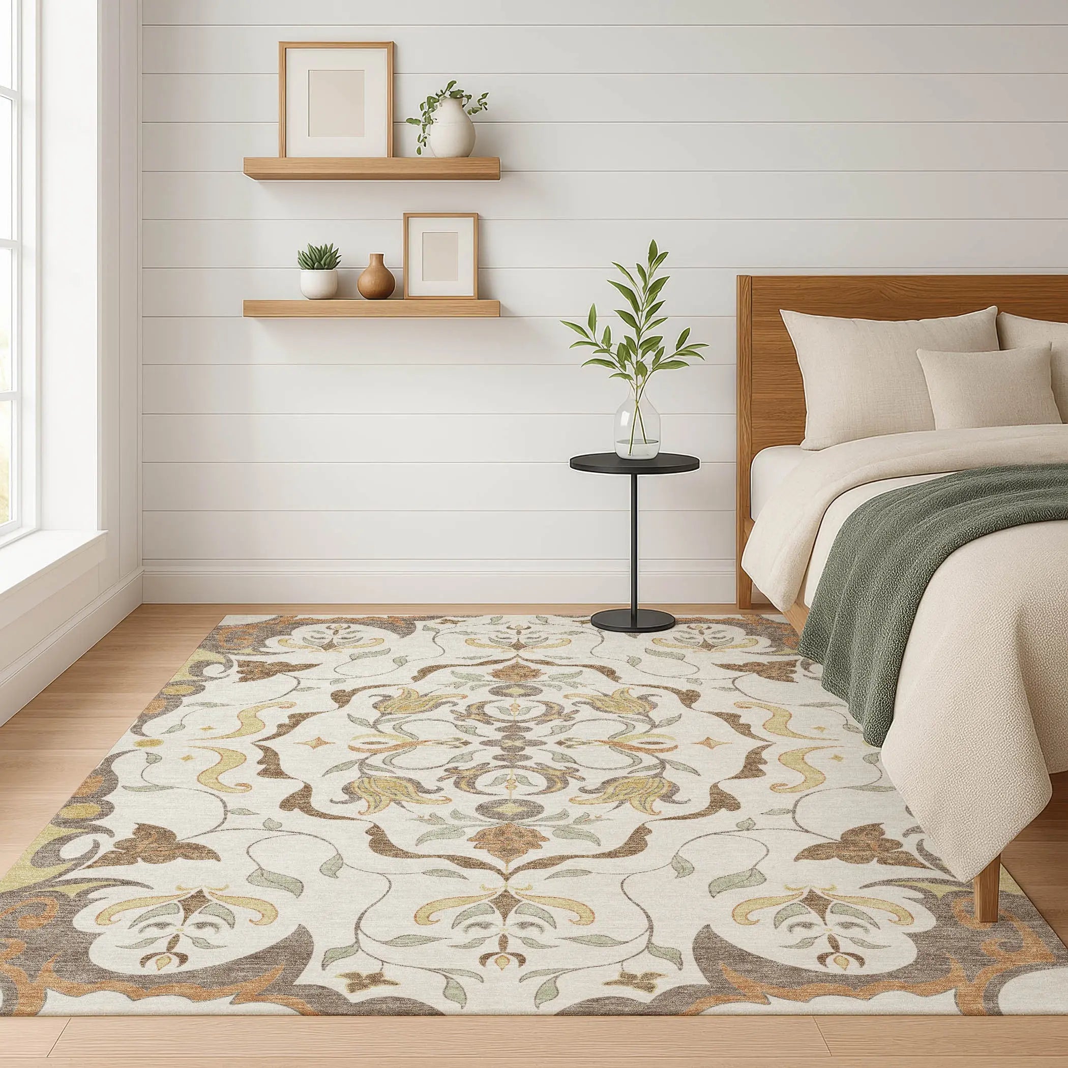 8' X 10' Ivory And Taupe Damask Washable Indoor Outdoor Area Rug Homeroots Outdoor