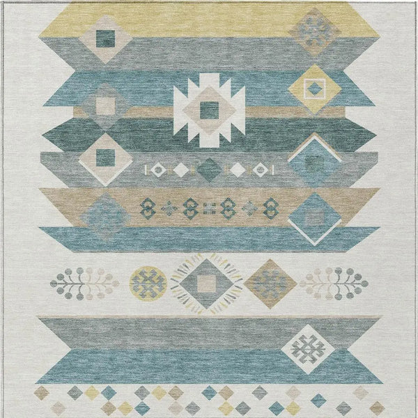 8' X 10' Ivory And Teal Blue Geometric Washable Indoor Outdoor Area Rug Homeroots Outdoor