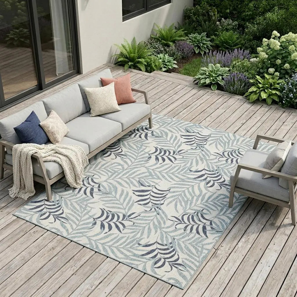 8' X 10' Ivory Sky Blue And Blue Palm Leaf Indoor Outdoor Area Rug Homeroots Outdoor