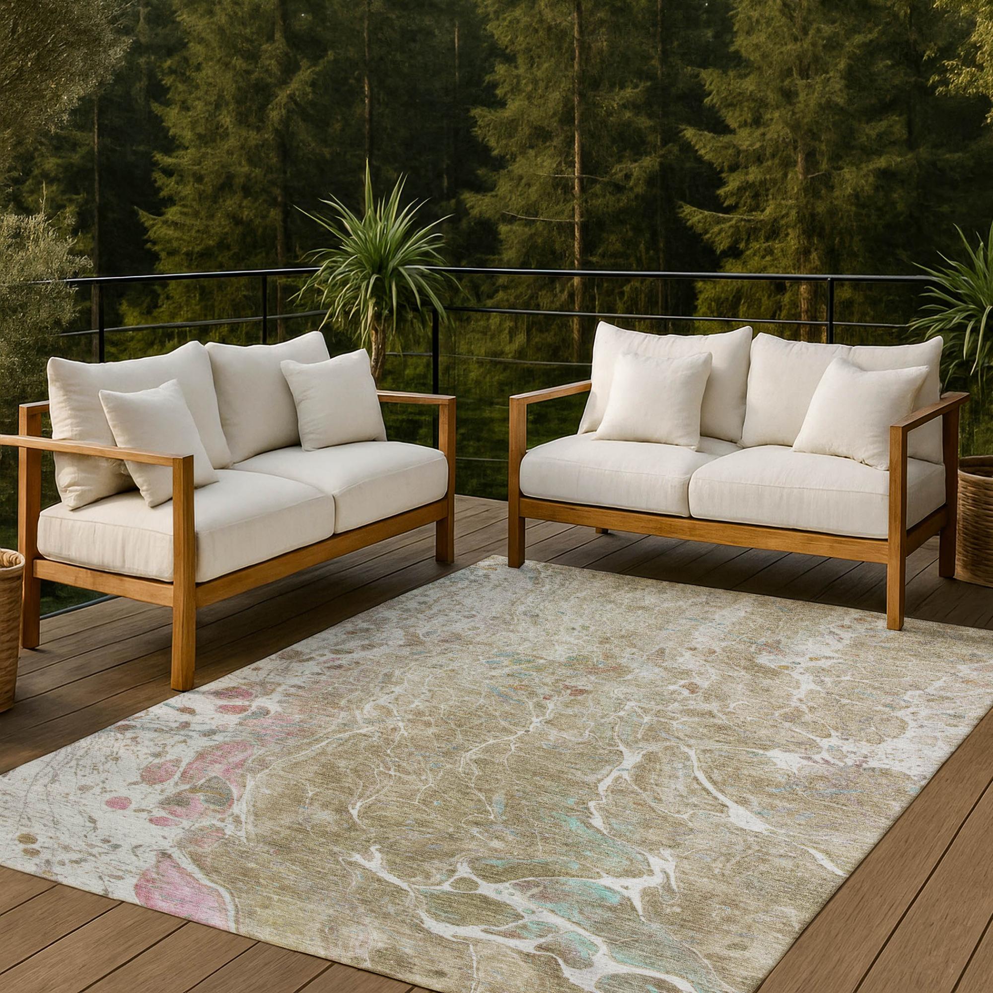 8' X 10' Khaki And Brown Abstract Washable Indoor Outdoor Area Rug Homeroots Outdoor