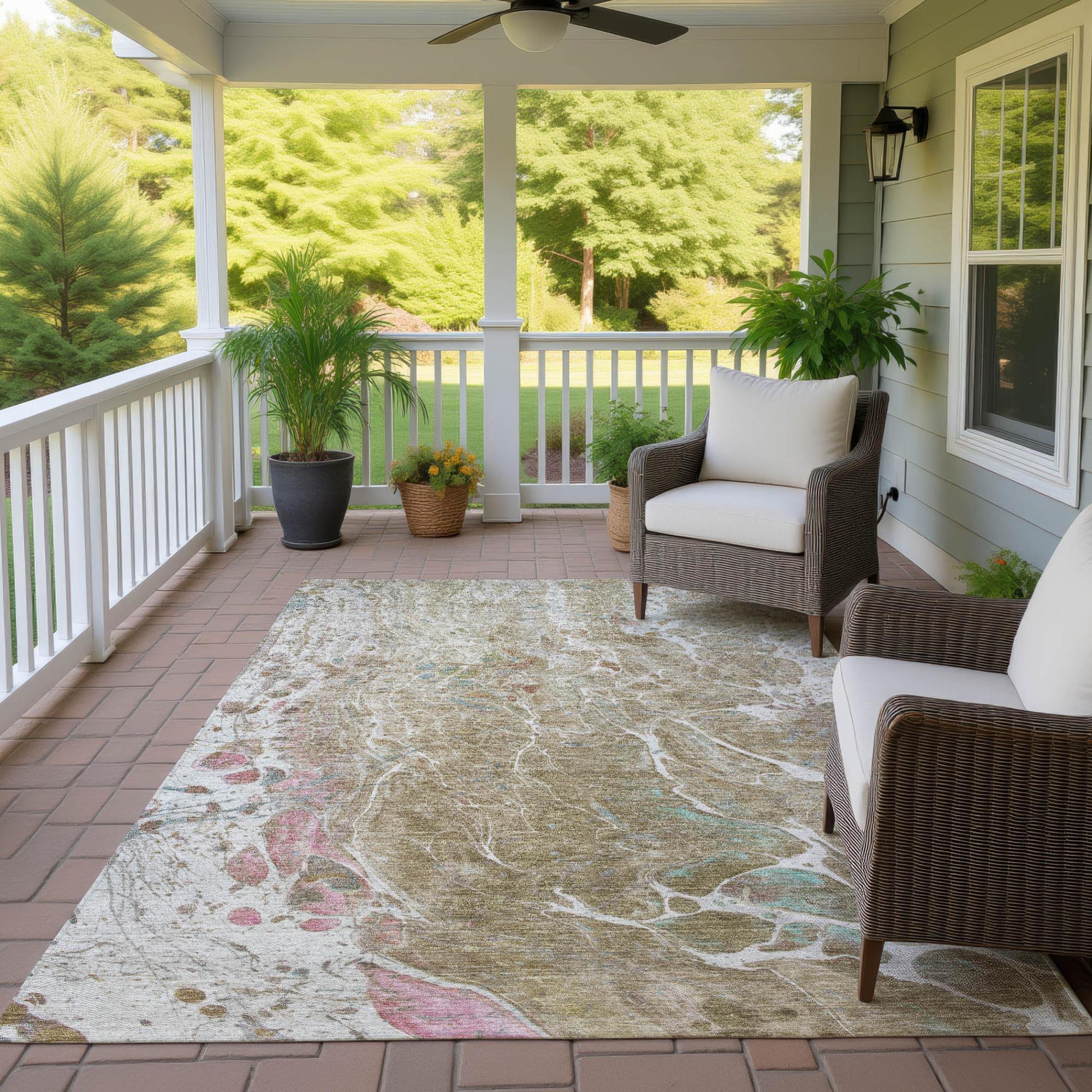 8' X 10' Khaki And Brown Abstract Washable Indoor Outdoor Area Rug Homeroots Outdoor